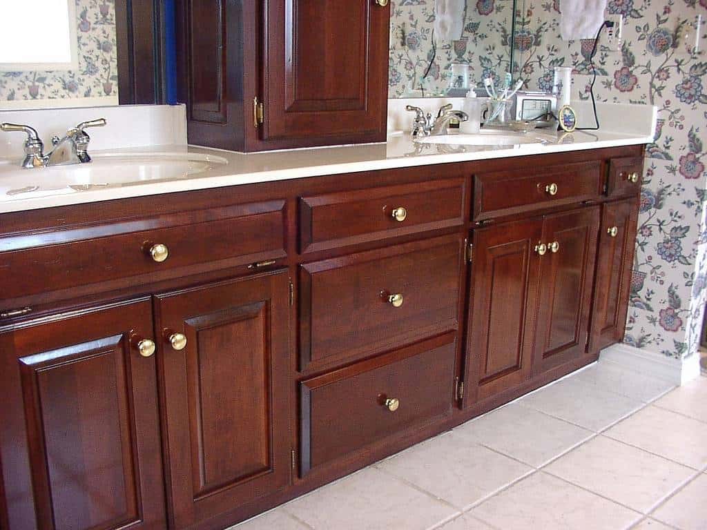 bathroom cabinets after refinishing photo